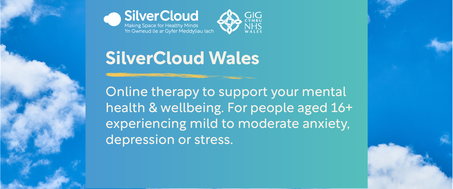 Text graphic with cloud background: Online therapy to support your mental health and wellbeing. For people ages 16+ experiencing mild to moderate anxiety, depression or stress.