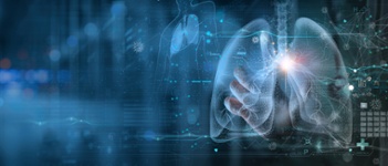 Radiologist examining a digital lung scan displayed on a virtual medical interface.