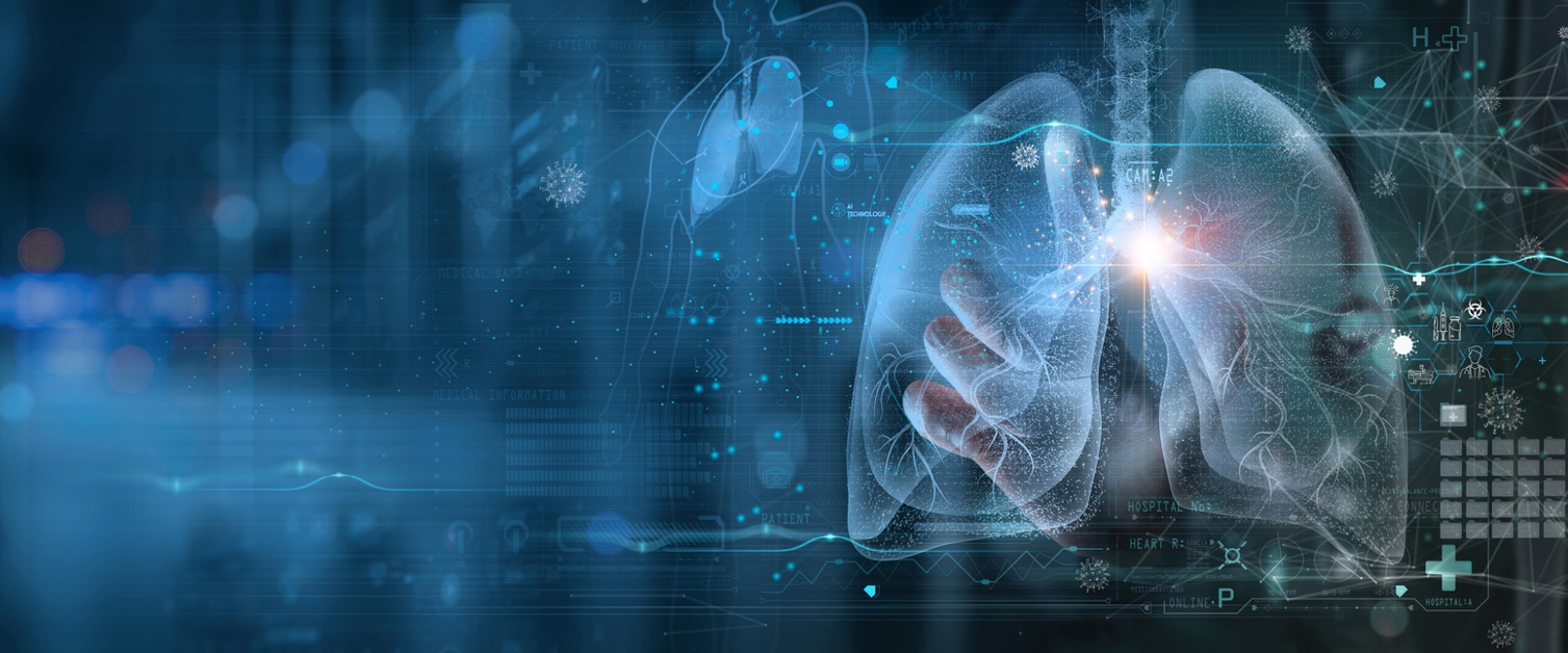 Radiologist examining a digital lung scan displayed on a virtual medical interface.