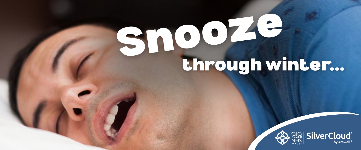 Text Reads: Snooze through Winter. Close up image of man sleeping with head on pillow