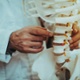 Image of Man Holding and Showing Vertebrae on Skeleton. Closeup View of Vertebrae on Skeleton