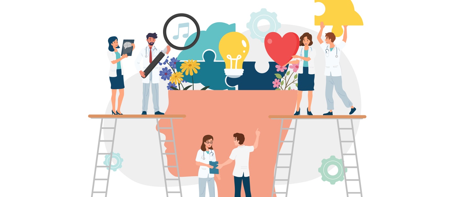 A conceptual cartoon image illustrating a team of miniature healthcare professionals on ladders inspecting a large model head and helping to assemble its brain which is shown in a jigsaw puzzle format, as well as adding a range of positive elements inside