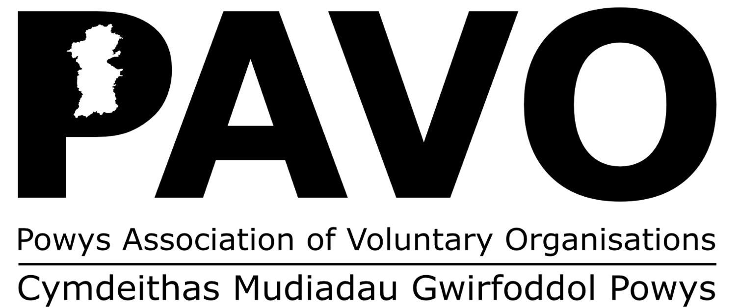 PAVO written in black with white background with Powys Association of voluntary organisations written in black underneath.