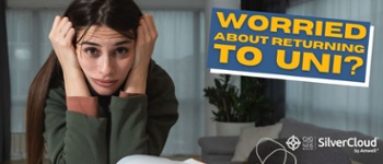 Text Reads: Worried about returning to Uni? Image of girl with hands on head and open book on table.