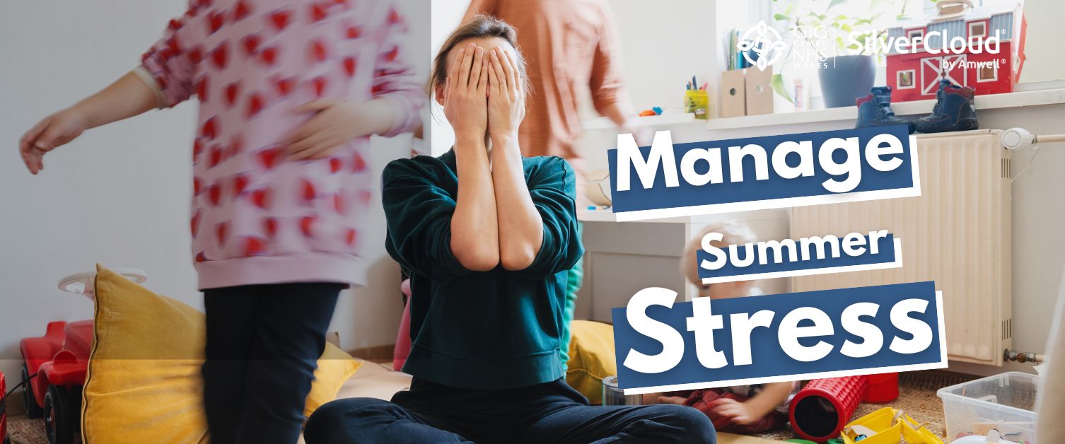 Text Reads: Manage Summer Stress. Image of mother sat with hands over face with three children.
