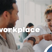 Text Reads: Tackle workplace stress. Image of man and woman in work environment, woman is laughing