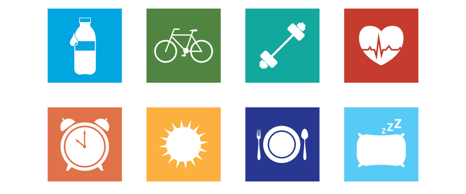 Collection of square vector icons representing health, fitness, nutrition and well-being