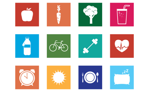 Collection of square vector icons representing health, fitness, nutrition and well-being