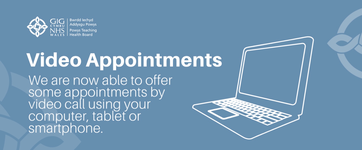Image of a laptop and the following text in white with blue background.Video appointments we are now able to offer some appointments by video call using your computer, tablet or smartphone.