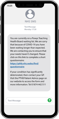 Mobile phone displaying text from PTHB regarding waiting list
