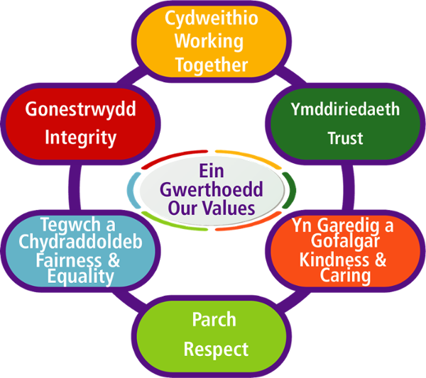 Illustration of Powys teaching healthboards values. Working together, trust, kindness and caring, respect, fairness and equality and integrity.