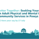 Green text on a white background: Better Together: Seeking Your Views on Adult Physical and Mental Health Community Services in Powys. Have your say by 27 July. Green footer graphic with Powys locations and outline of Powys map.