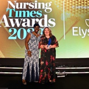 Jen Walsh receives the Nursing Times Award from Dr Joan Myers OBE, Director, Joan Myers Consultancy and member of the Nursing Times Awards judging panel, at the Nursing Times Awards Ceremony