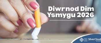 Testun yn Darllen: Diwrnod Dim Ysmygu 2026. Delwedd o fenyw yn diffodd sigarét.