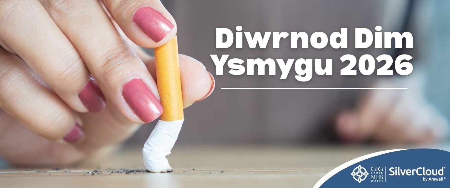 Testun yn Darllen: Diwrnod Dim Ysmygu 2026. Delwedd o fenyw yn diffodd sigarét.