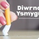 Testun yn Darllen: Diwrnod Dim Ysmygu 2026. Delwedd o fenyw yn diffodd sigarét.