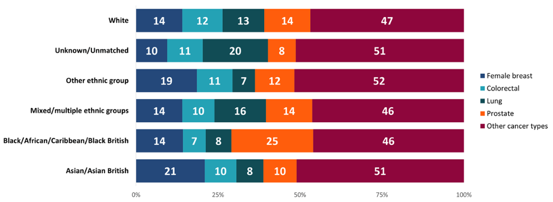 A stacked bar chart shows the proportion of four major cancer types by ethnicity. 25% of cancers diagnosed in black people were prostate cancer and 21% of cancers diagnosed in Asian people were female breast cancer.