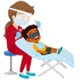 A cartoon of a dental nurse sitting beside a reclining dental chair on which a school boy is sat. The dental nurse is examining his teeth.