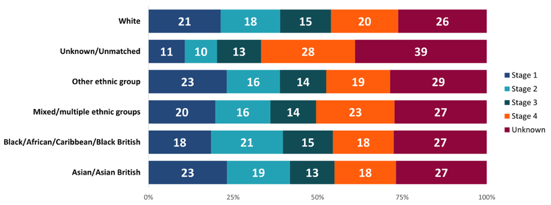 A stacked bar chart shows the proportion of stage at diagnosis by ethnicity. The Asian group had a higher proportion of stage 1 and 2 diagnoses compared to later stages. More cancers were diagnosed at stage 2 in the black group compared to other stages.