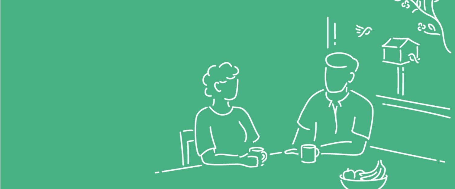 Illustration of two people sat at a table drinking tea