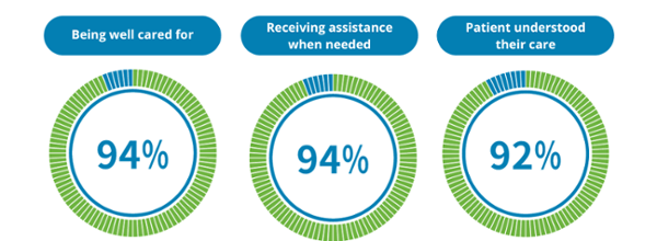 Being well cared for 94%. Receiving assistance when needed 94%. Patient understood their care 92%.