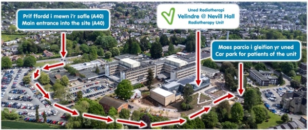 Directions to the Radiotherapy Unit and car park from the main entrance into the hospital site.