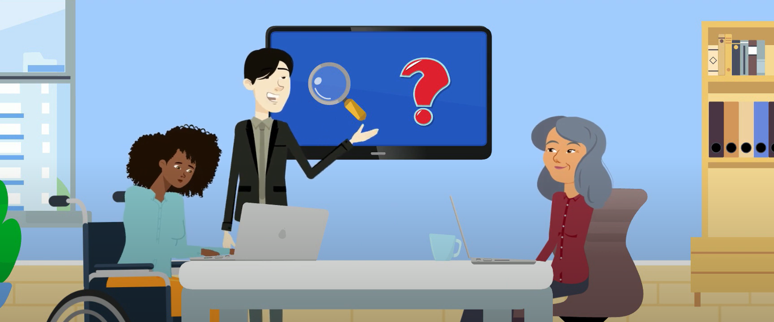 An animated graphic that shows two people sat down at a table as another person gives a presentation on a screen.