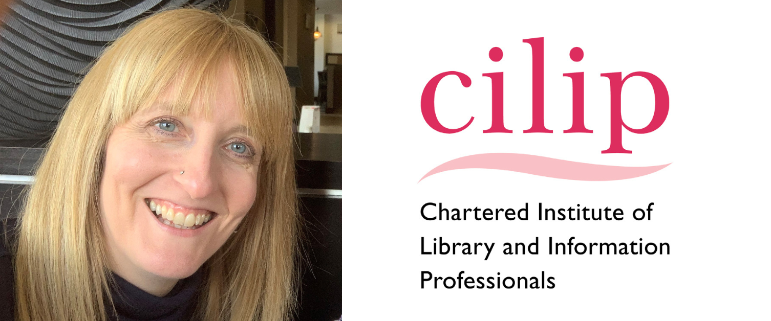 A photo of Anne Cleves alongside the logo for the Chartered Institute of Library and Information Professionals.