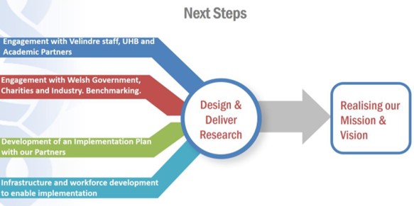 Graphic showing the four next steps flowing into design and delivery of research allowing us to realise our mission and vision