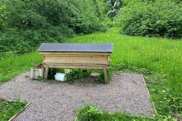 A bee hive in a garden.