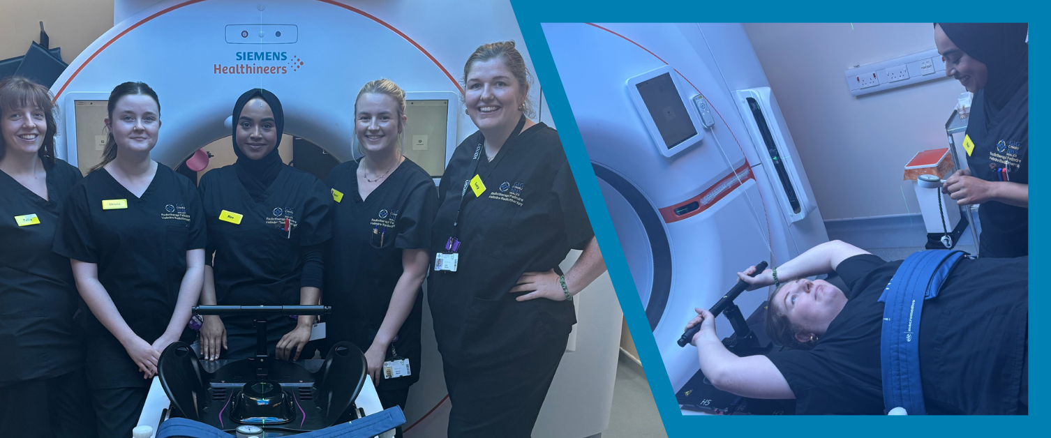 A group of clinicians are standing next to radiotherapy equipment and treatment machines.