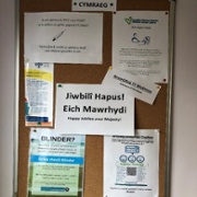 A noticeboard with Welsh language material.
