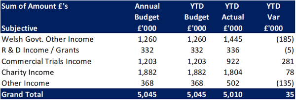 table showing actual income versus budgeted income