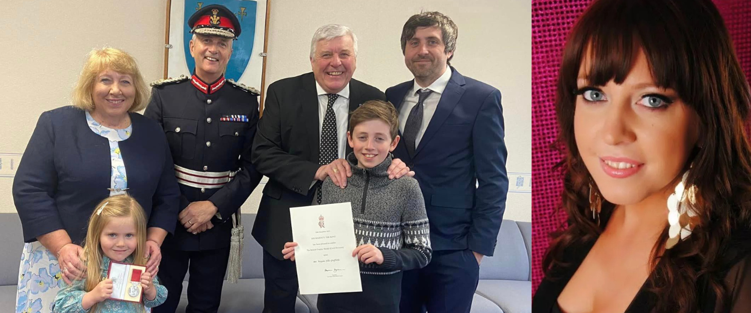 Wayne Griffiths and his family receive the British Empire Medal on the left, and Rhian Griffiths is on the right.