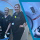 A group of clinicians are standing next to radiotherapy equipment and treatment machines.