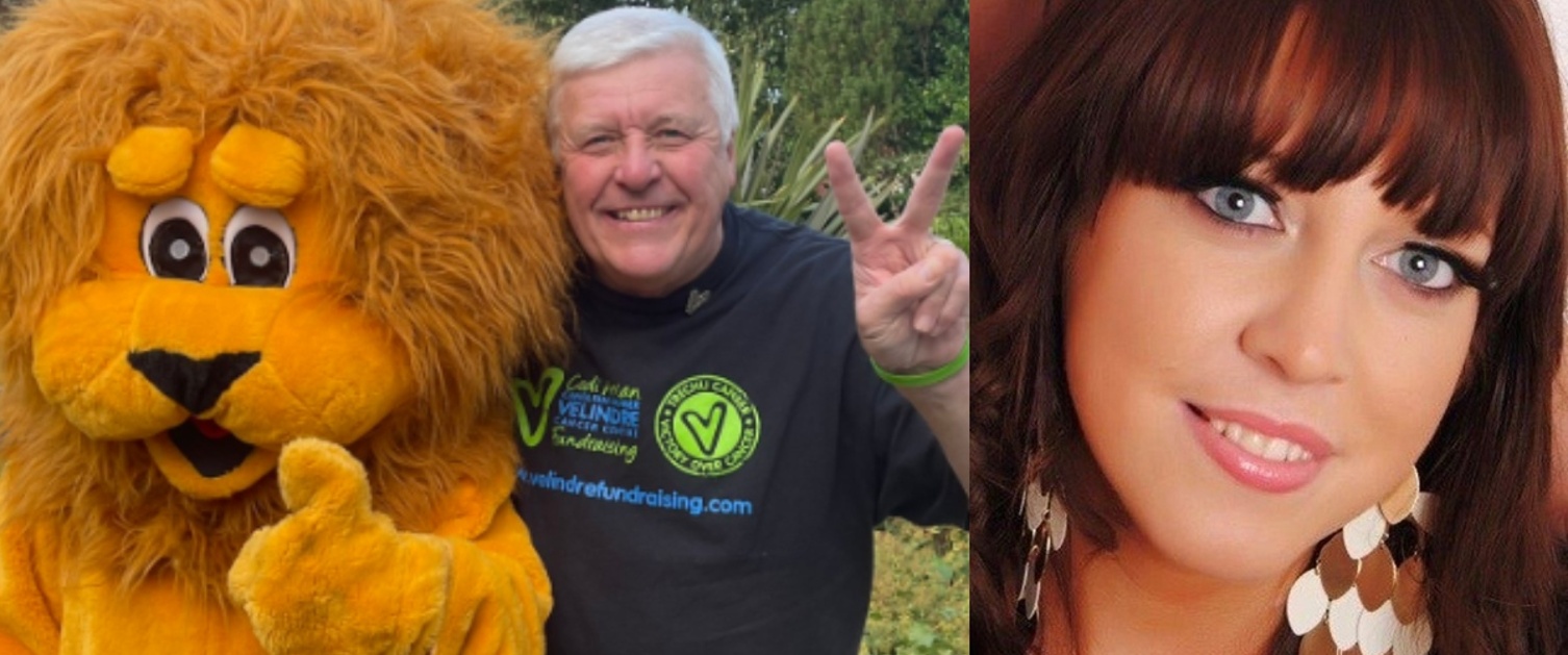 Velindre mascot Lomu The Lion and Wayne raising funds in Rhian
