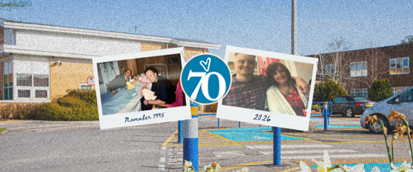 Two family polaroid photos placed in front of Velindre Cancer Centre.