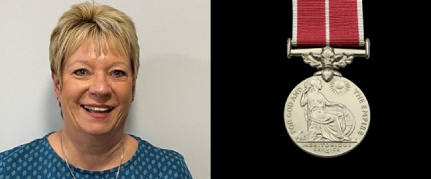 Sarah Bull is smiling on the left side, placed next to a British Empire Medal on the right.
