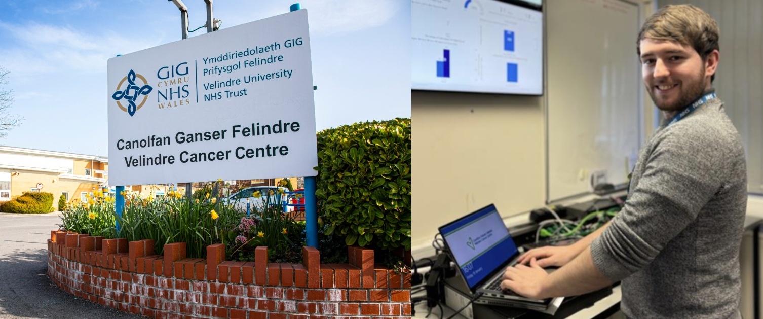 The front entrance of Velindre Cancer Centre and Mark Williams inside the building using a computer.