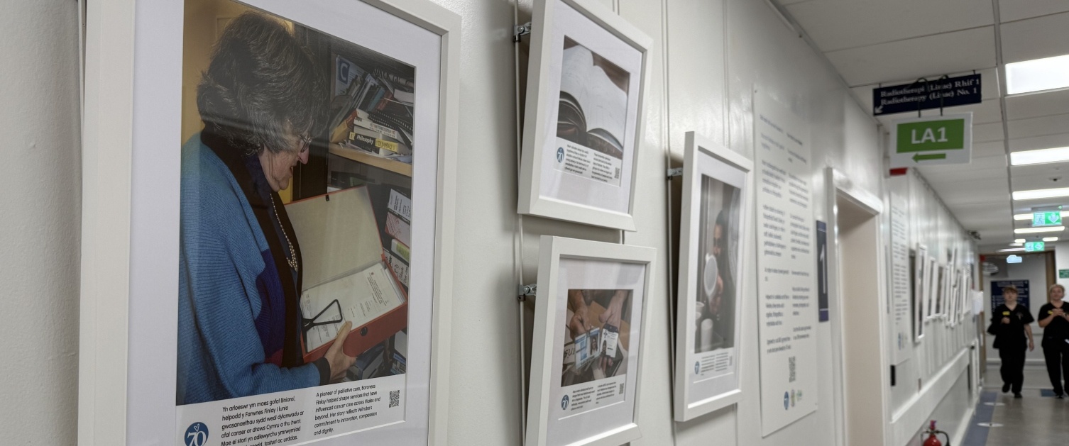 Images from the art exhibition are hung in white frames on a wall in a hospital corridor.