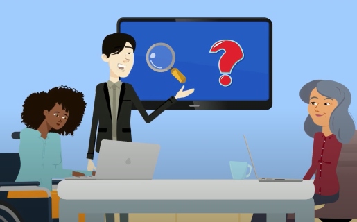 An animated graphic that shows two people sat down at a table as another person gives a presentation on a screen.