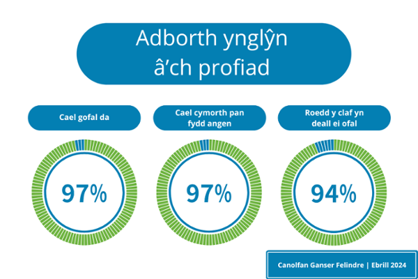 Being well cared for - 97%. Receiving assistance when needed - 97%. Patient understood their care - 94%.