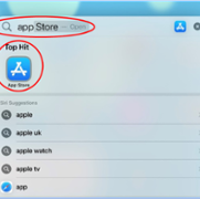 Sgrin chwilio ar gyfer siop apiau ar eich iPhone, cylch coch o amgylch y bar chwilio gyda 